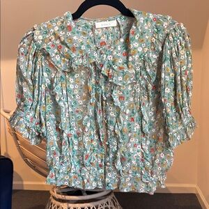 Doen Mint Floral Ruffle Collar Blouse